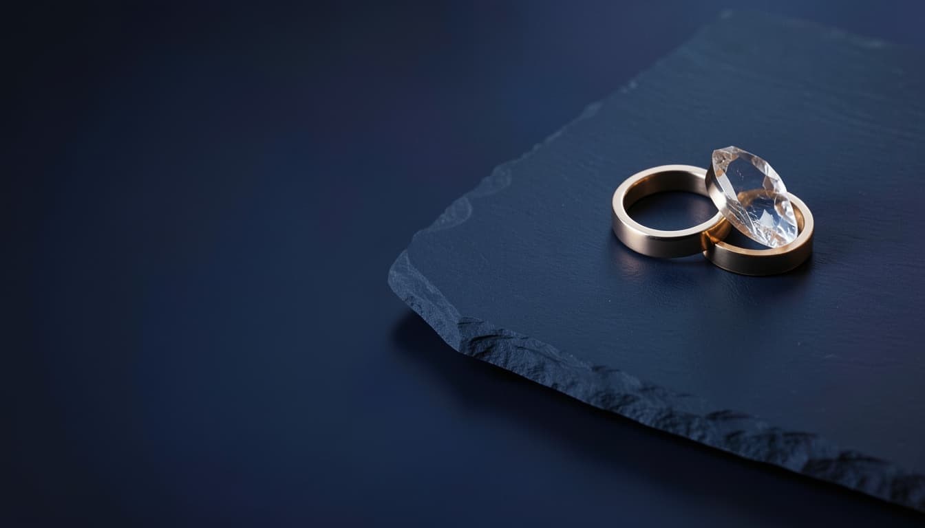 Composition éditoriale de formes de bijoux et de reflets champagne sur fond bleu nuit